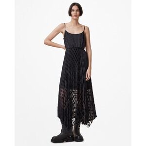 All Saints Leia Dott Dress Womens Small Black Pleated Asymmetric Midi Goth Edgy